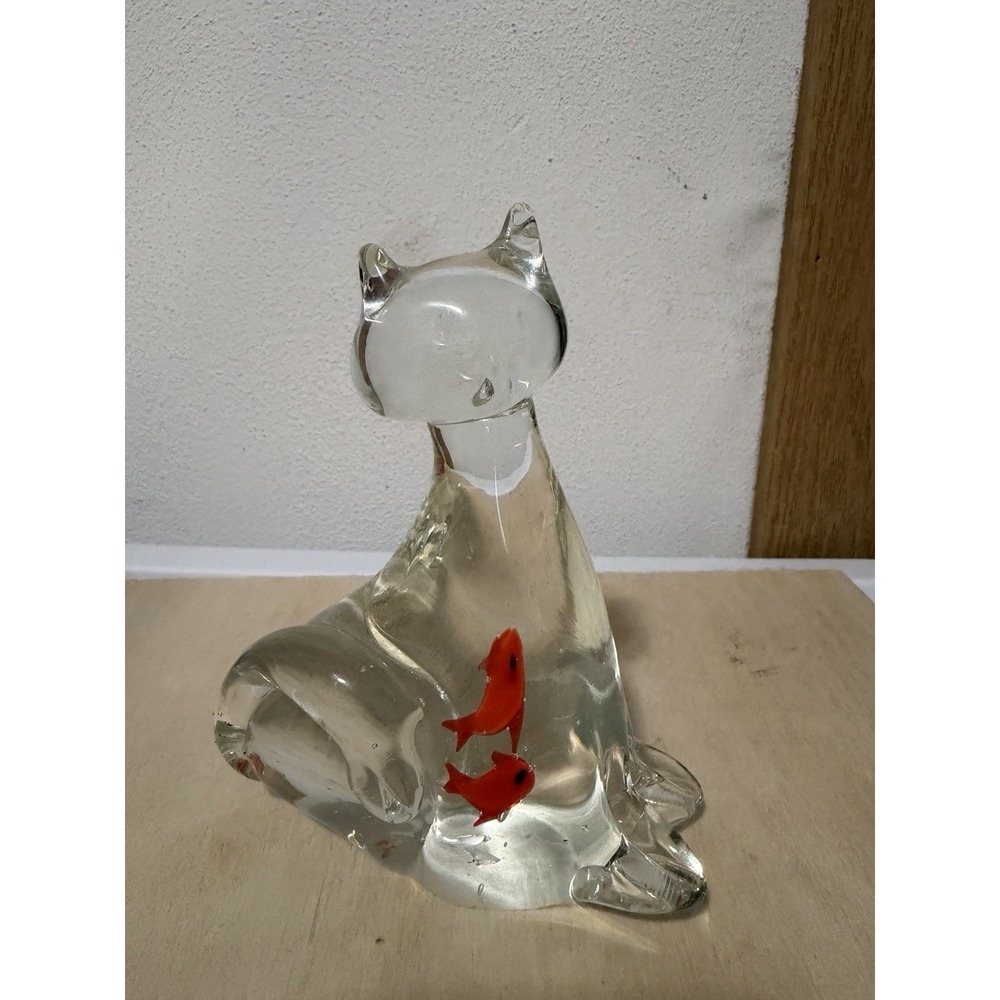 glass paperweights vintage Cat Clear Glass With Fish